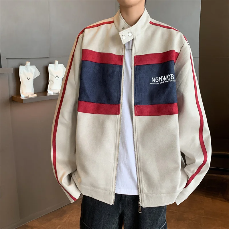 

Мужская замшевая куртка в стиле ретро с пэчворком, весенне-осенний стиль, модная универсальная мотоциклетная куртка в уличном стиле