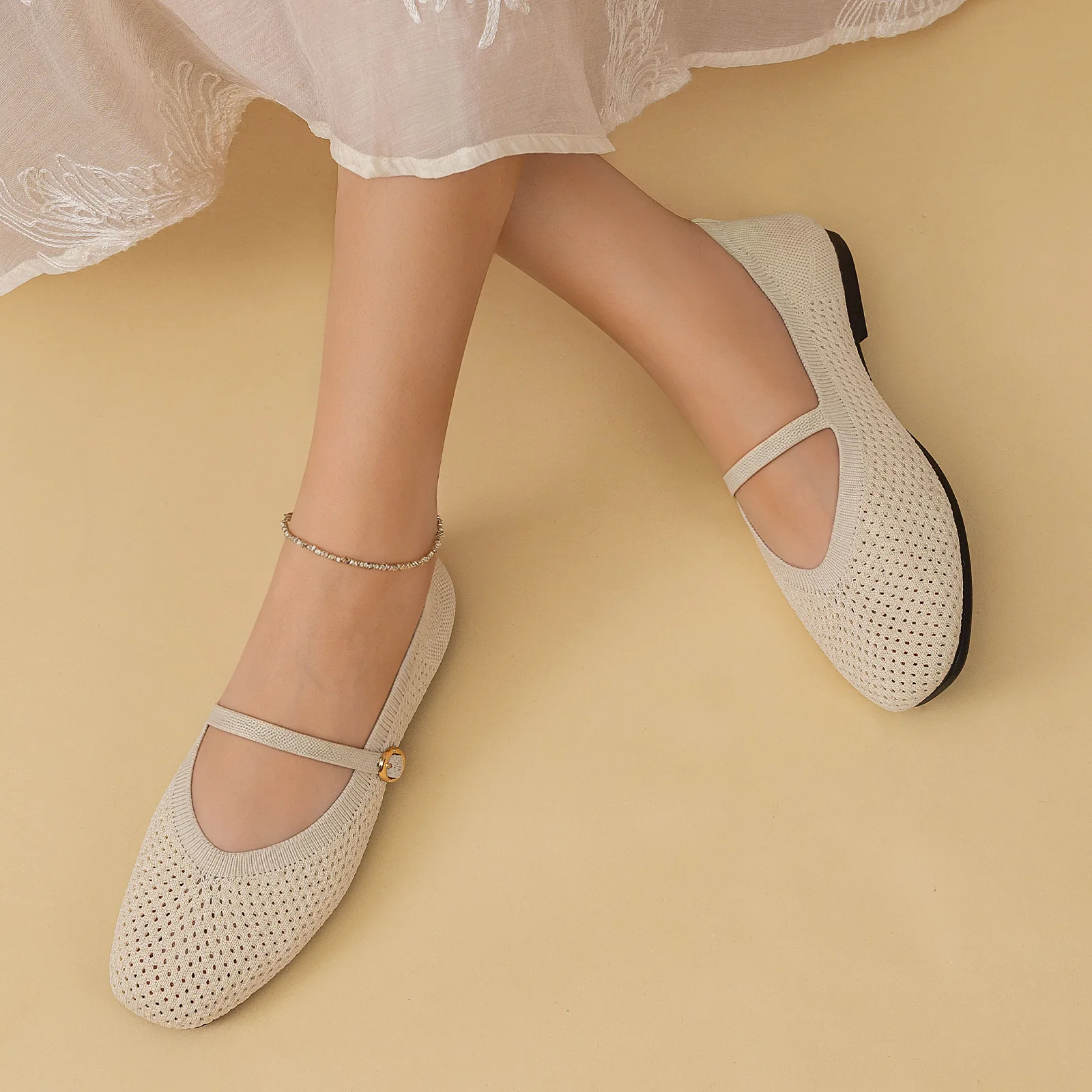 Sommerliche Damen-Mary-Jane-Schuhe mit Lochmuster, weicher flacher Sohle, leichtem Schnallenverschluss, atmungsaktiv, lässig, modisch, Ballerinas – Detail 10