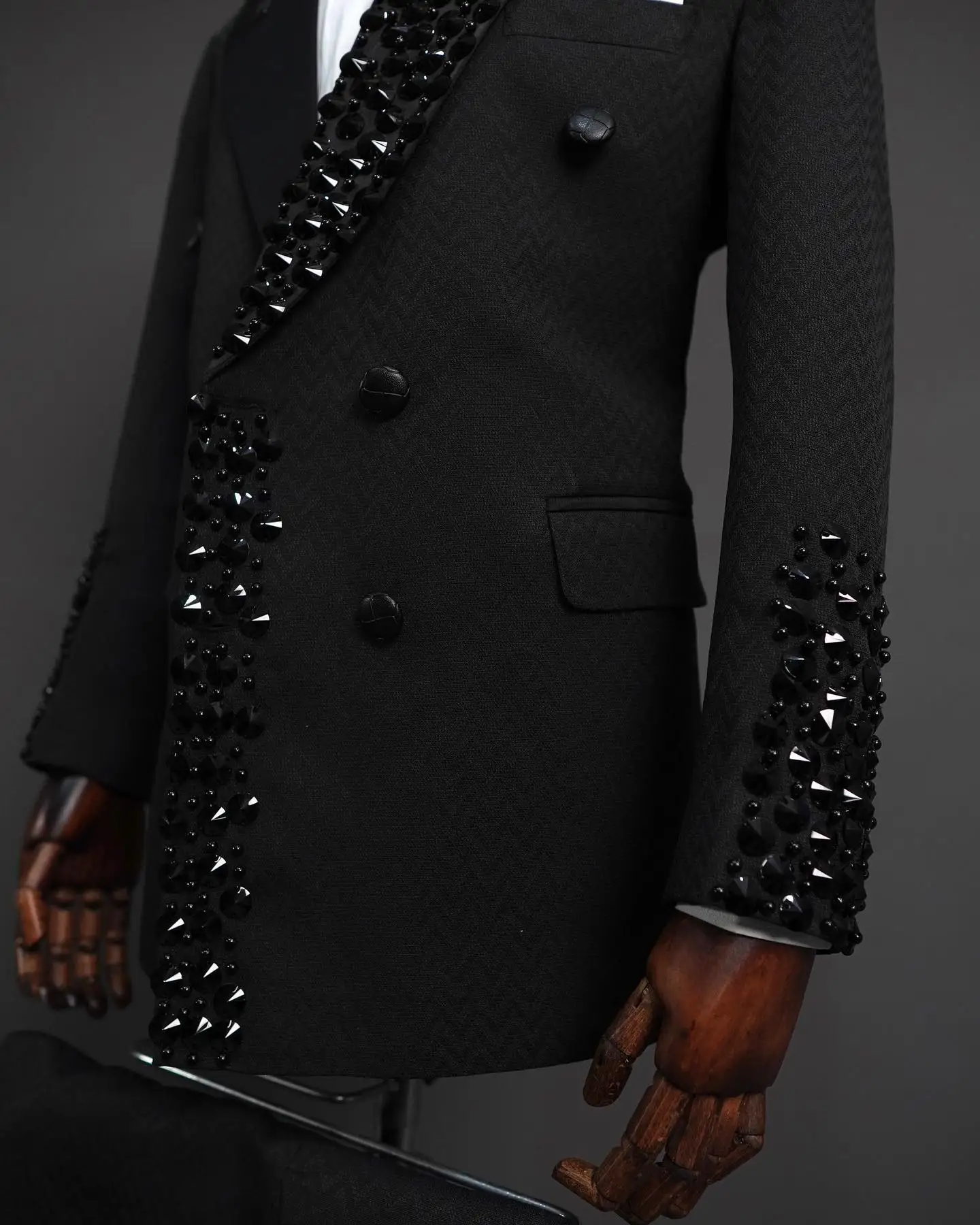 Black Men Suits 2 Piece Crystals Blazer+Pants Prom Wedding Tuxedo Coat Custom Made Formal Office Business Jacket Trousers