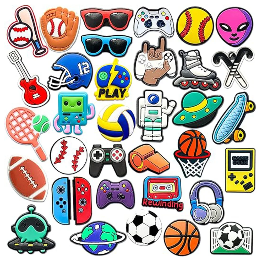 35Pcs Sports Game Shoe Charms PVC Basketball Football Astronaut Alien Decor for Clogs Sandals Kids Men Birthday Gift