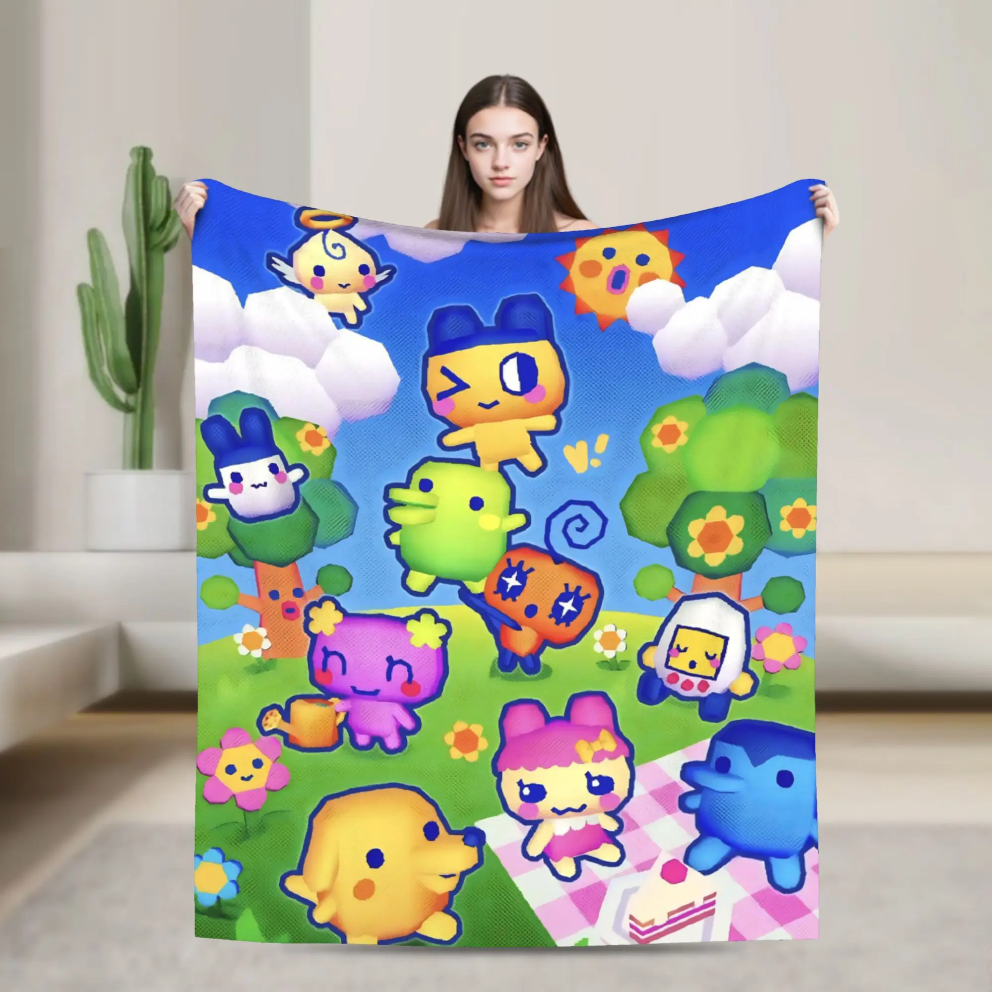 Super Soft Cartoon T-Tamagotchi Throw Blanket Premium Fleece Flannel Lightweight  Bed Blanket Warm Plush Blankets All Season Use