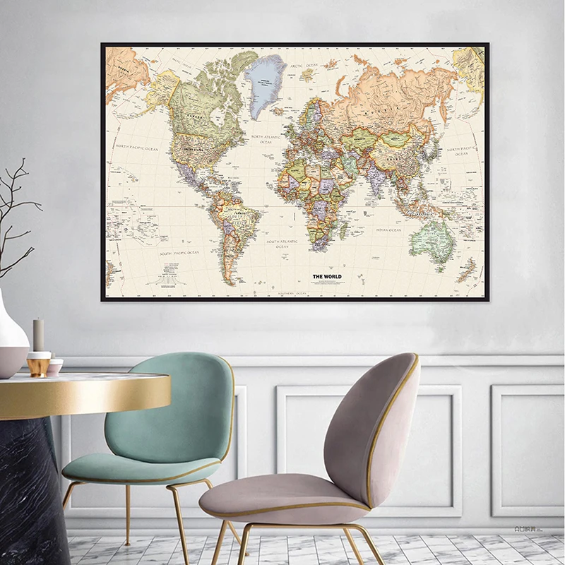 Mapa del mundo en inglés, pintura no tejida, póster artístico de pared Vintage para sala de estar, decoración del hogar, suministros escolares, 150x90cm