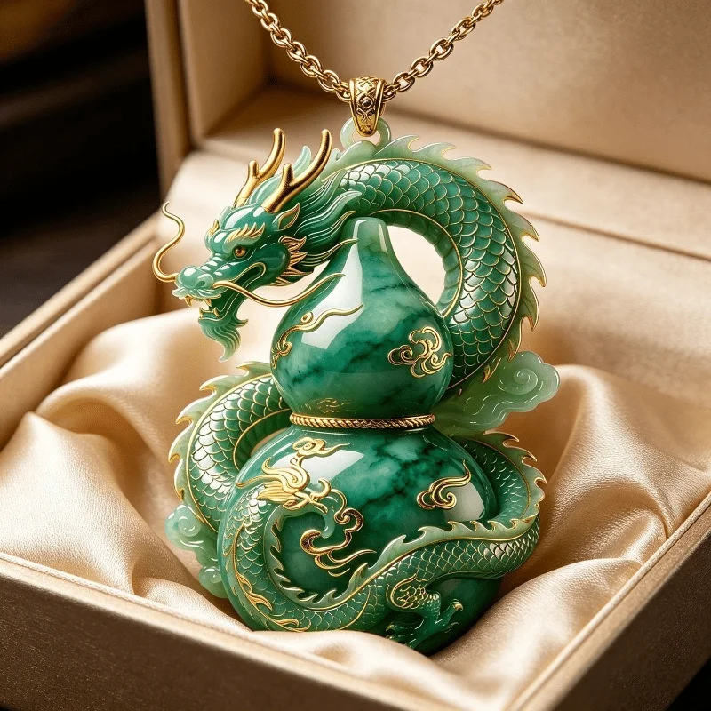 Chinese Style Dragon Gourd Pendant Necklace, Imitation Jade Calabash Dragon Carved Pendant Jewelry for Men Women Lucky Amulet