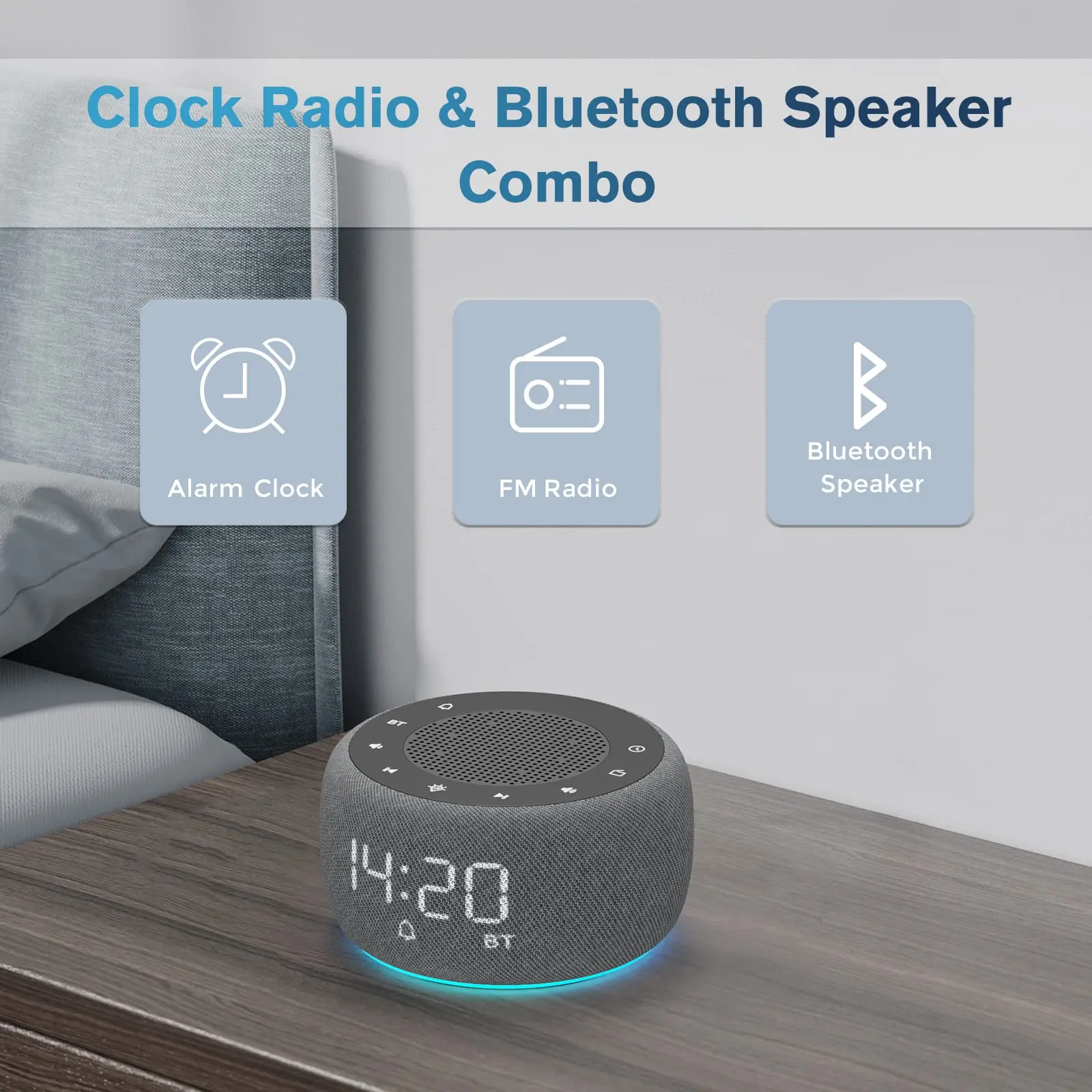 

KERCHAN Bluetooth Speaker Alarm Clock Radio - High Fidelity Sound, 0-100% Dimmer, Plugged in Clock Radios for Bedroom