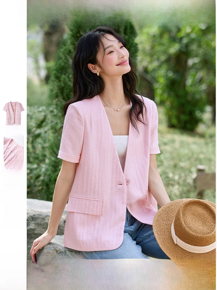 Fashionable Pink Suit Jacket Women's Summer 2026 New One Button V Neck Commute Top Short Sleeve Classic Color Pure Style
