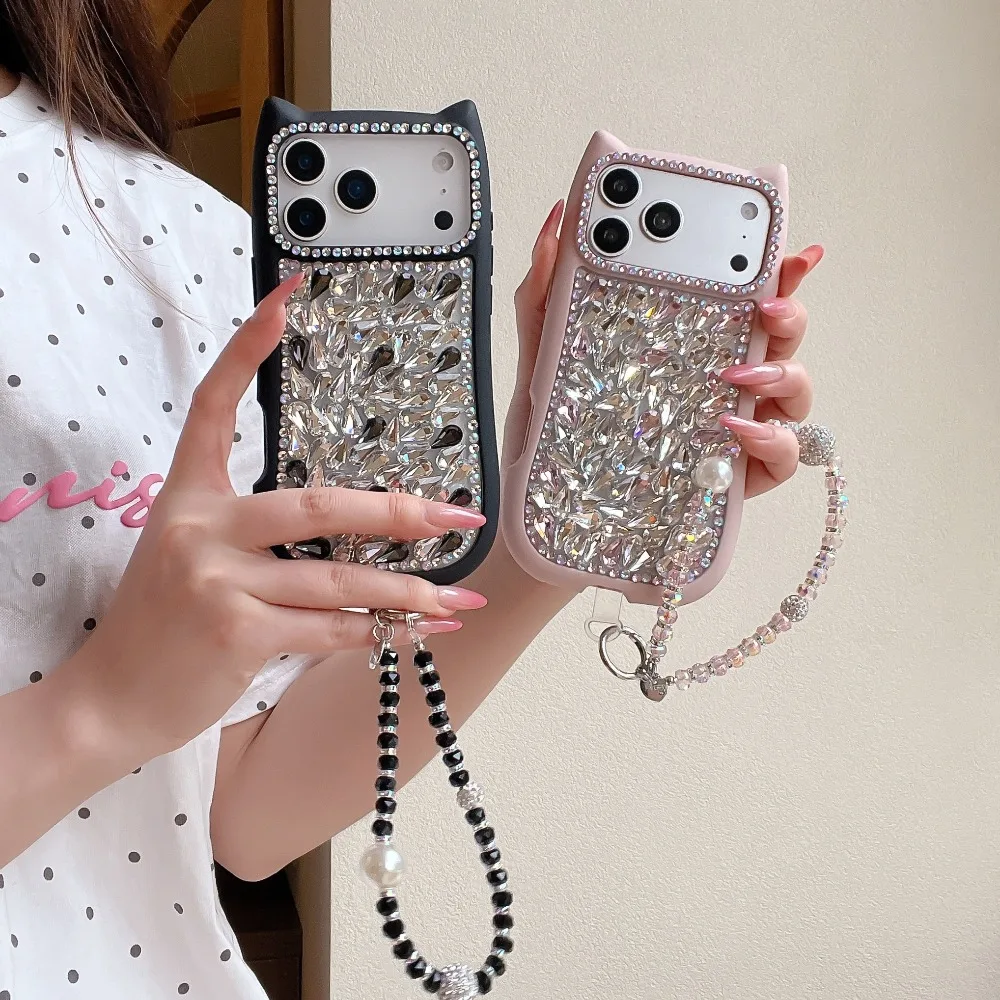 

For iPhone 17 Pro Max Case Cat Ear Bling Full Rhinestone Case With Beaded Pearl Strap Compatible with iPhone 16 15 14 13