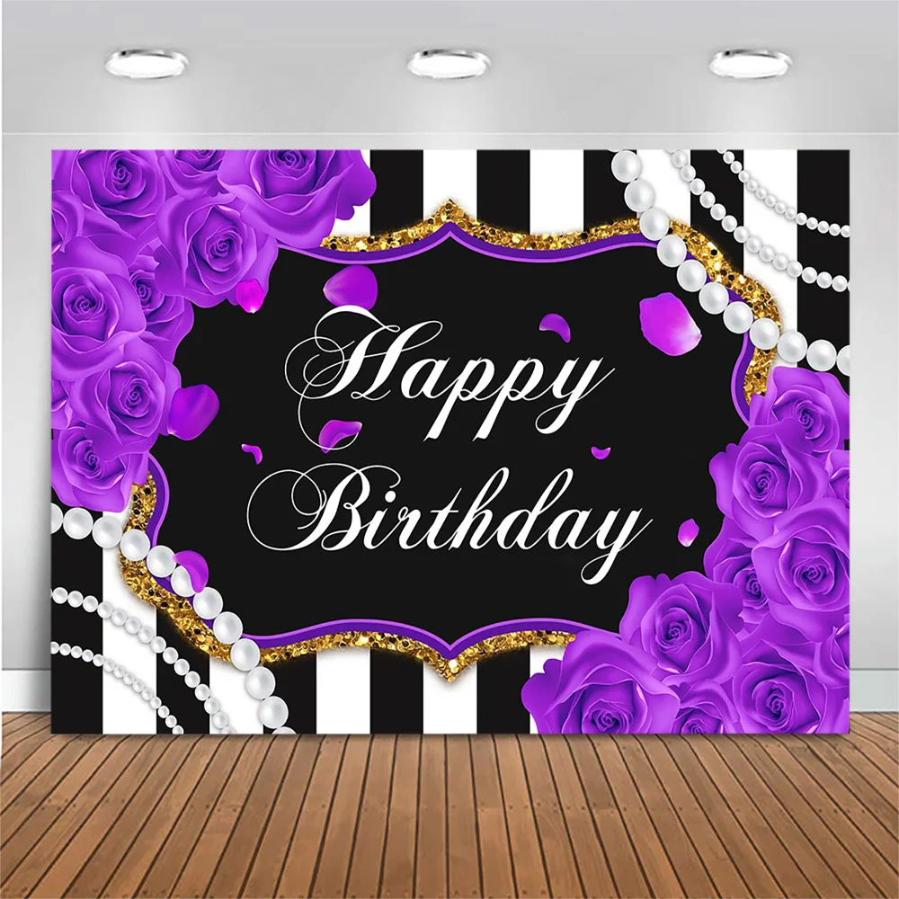 Mocsicka Women Birthday Backdrop Black and White Stripes Purple Flowers Happy Birthday Background Photo Studio Photography Props