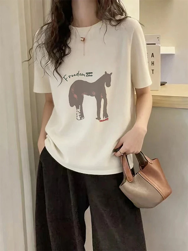 Spring Summer New Style Beige Short Sleeve Flocking Pure Cotton Women's T-shirt Casual Loose Fit Polyester Sweat-wicking