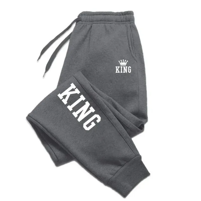 King Print Running Pants Mens Spring Autumn Drawstring Pants Street Style Sports Pants Fitness Solid Sweatpants