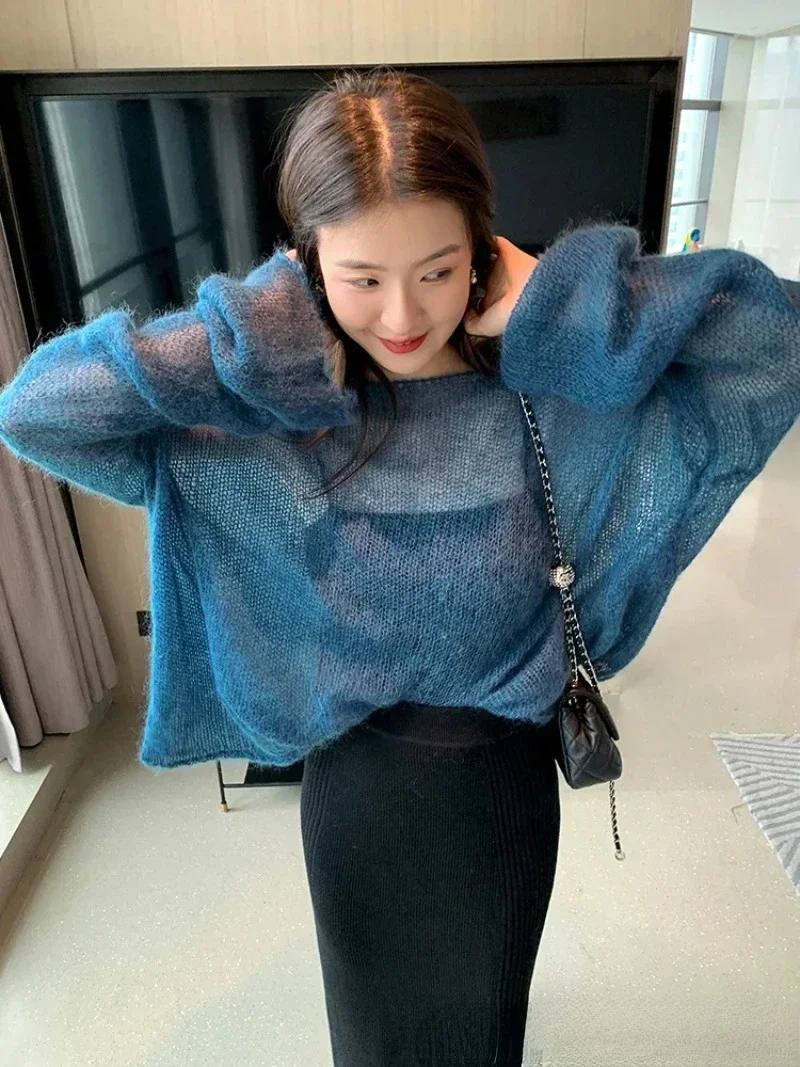 Koreanische Frauen verlieren übergroßen Pullover einfarbigen Mohair pullover sexy schulter frei hohl gestrickt durchsichtigen Langarm pullover