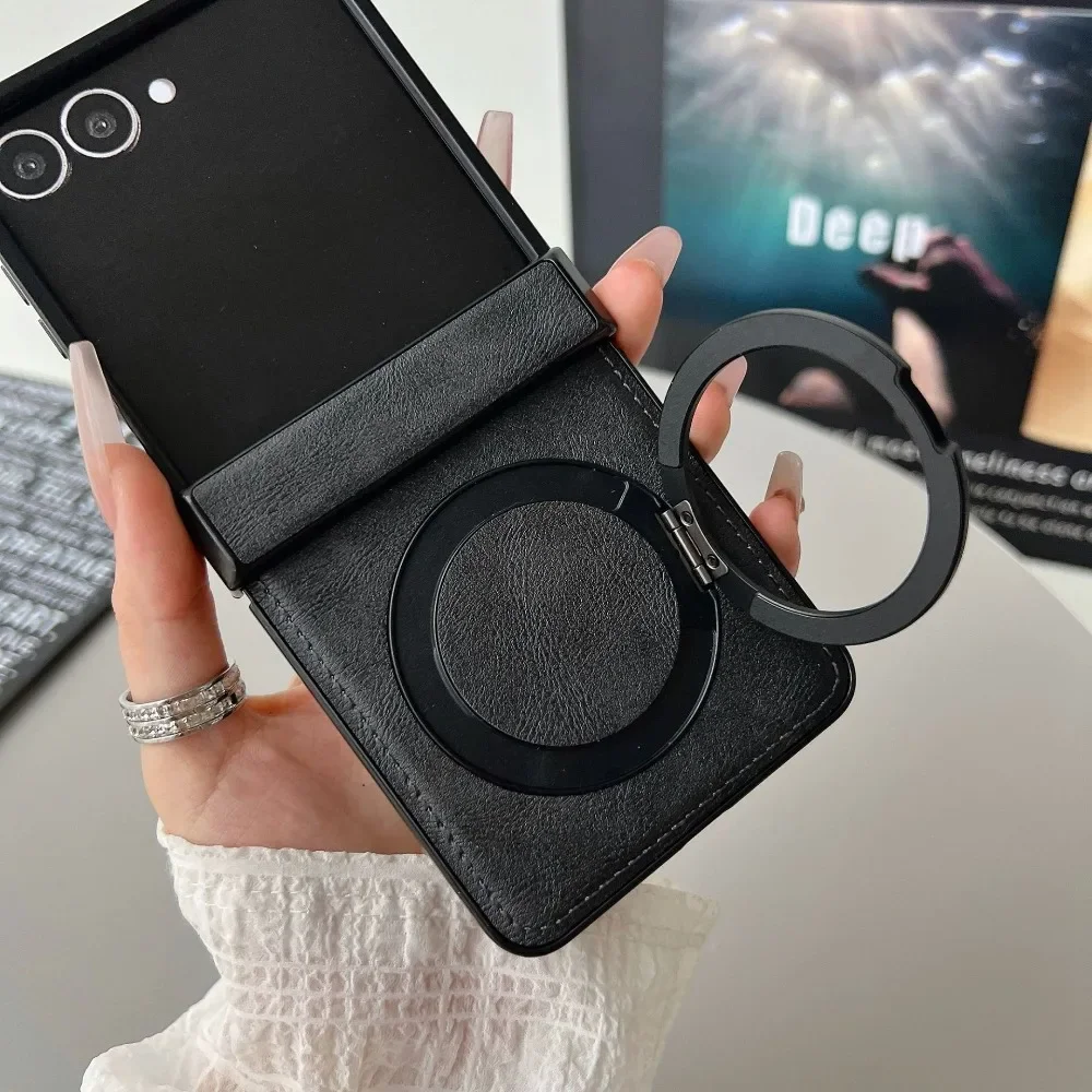 

Magnetic Leather Phone Case For Samsung Galaxy Z Flip 7 FE 6 5 4 3 Flip7 Flip6 Flip5 5G Ring Holder Hinge Protective Cover