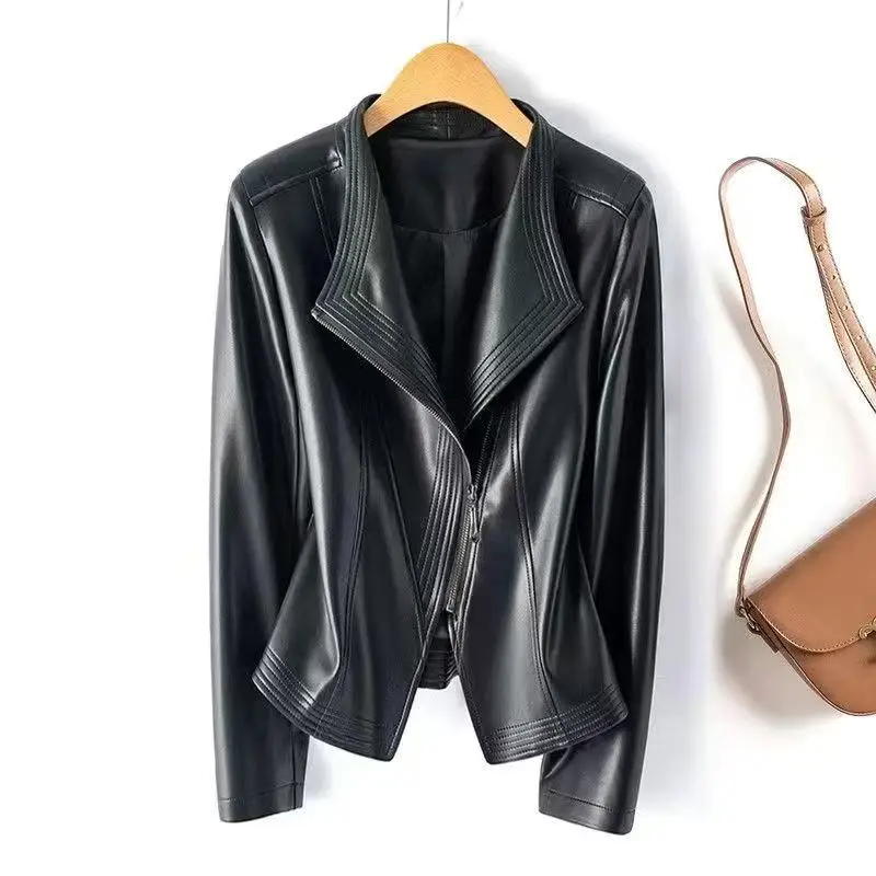 Short Stand Collar Faux Ladies Coat Spring Autumn Large Size 5XL Leather Women Jacket Korean Loose Zipper PU Leather Female Top