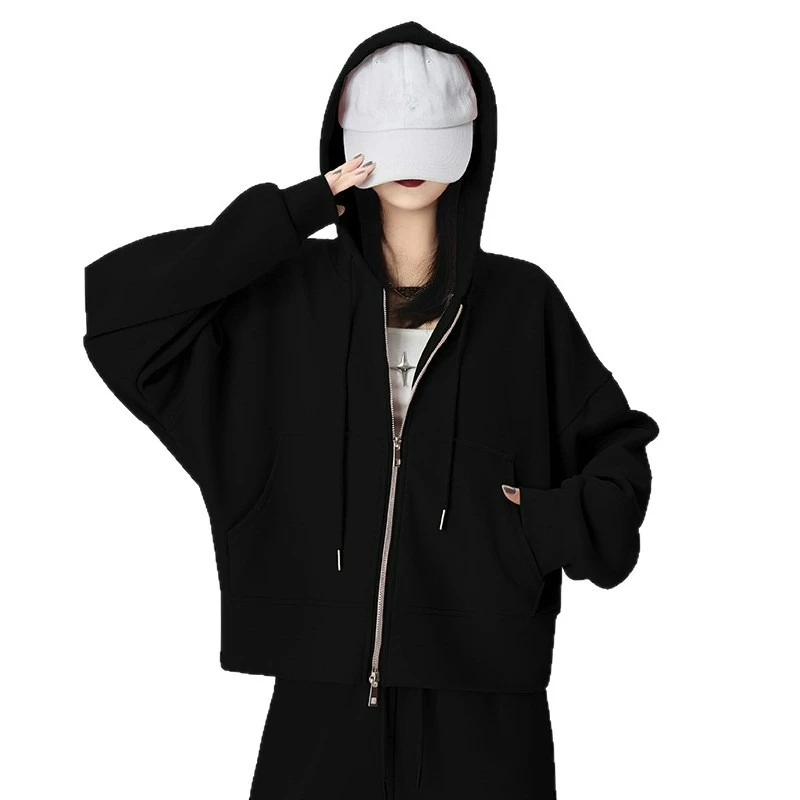 2025 Autumn and Winter Versatile Top Pink Loose Slimming Zipper Hooded Sweatshirt for Women