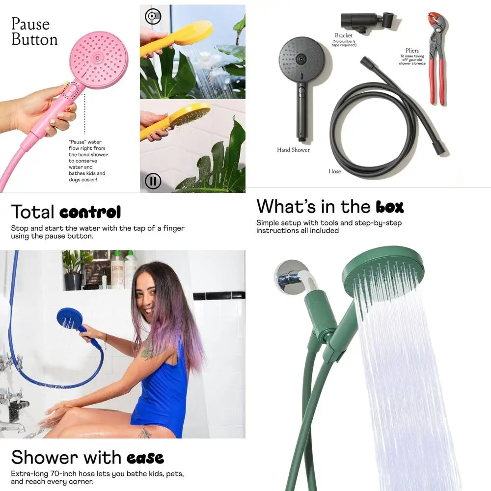 

Экологичный ручной душ с 3 функциями, шлангом 70 дюймов и функцией паузы