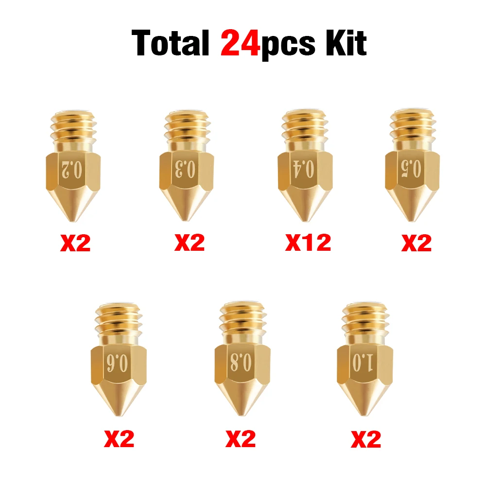 24pcs MK8 Ender 3 Nozzles 3D Printer Brass Nozzles Extruder for Ender 3 CR-10 0.2/0.3/0.4/0.5/0.6/0.8/1.0mm Printer Nozzle