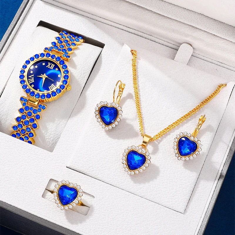 New Luxury Watch Women Necklace Earring Blue Rhinestone Fashion Wristwatch Casual Ladies Watches Jewelry Set Relogio Feminino