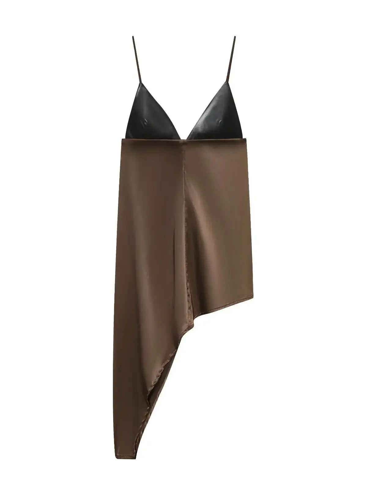 女性用エレガントなVネックのスリングドレス、無地の柔らかいサテン生地、イレギュラーなデザイン、シックなアシンメトリーヘム、PU素材の切り替えドレス