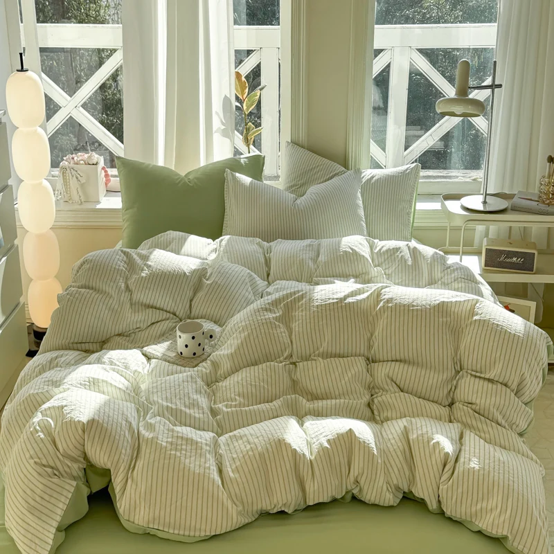 Pure Cotton Home Textile Striped Bedding Set Simple Soft Duvet Cover Sheet Pillowcase Ins Style Bed Linens Queen King Size 2025