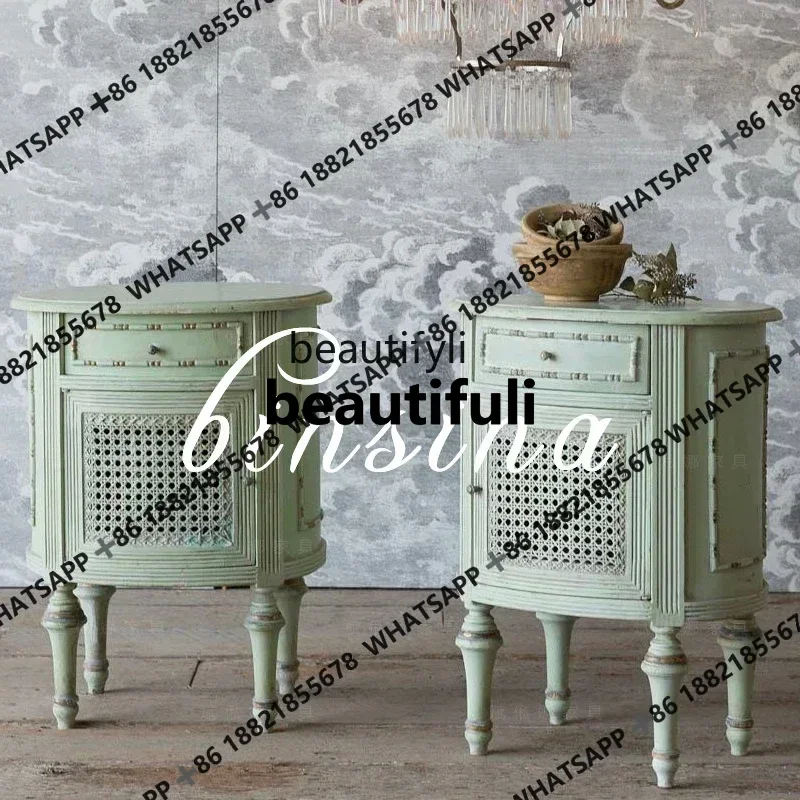 

zxVintage Antique Furniture Simple Bedside Table Solid Wood Carved Bedside Cabinet Chest of Drawers