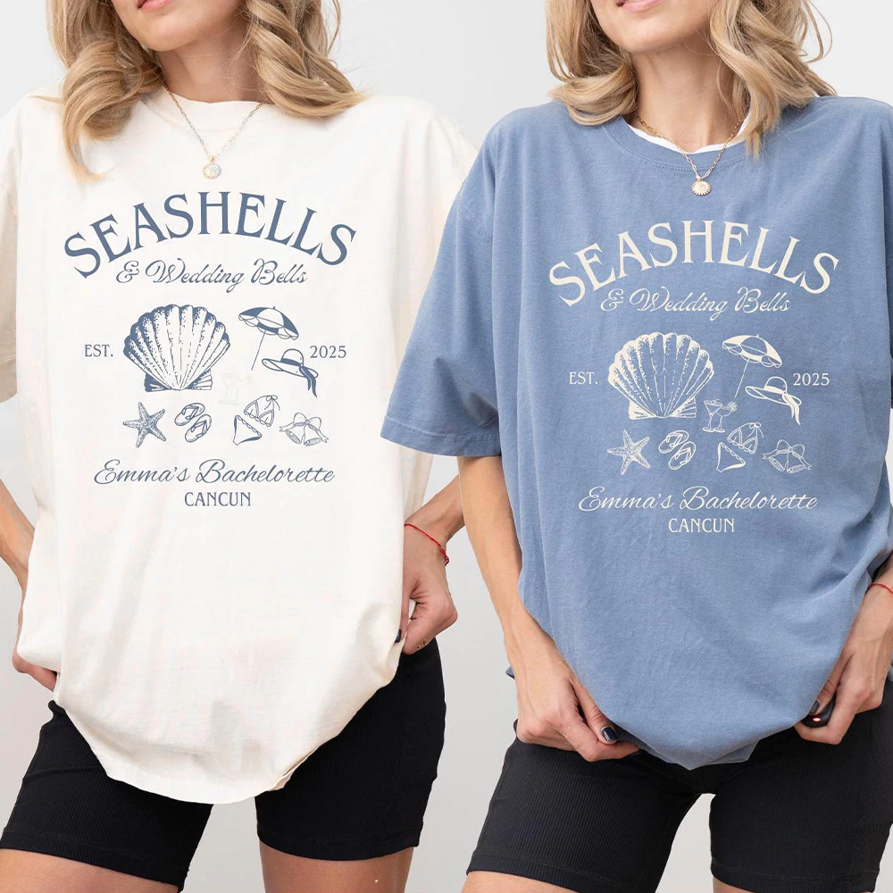 Strand Muscheln und Hochzeit Glocken Hemden Bachelorette Unisex Hemden Lustige Komfort Hemden Baumwolle Y2K Top Täglich Trendy Streetwear – Detail 8