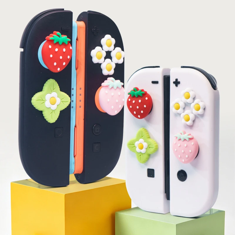 

Cute Strawberry Silicone Soft D-pad Button ABXY Key Sticker Skin Case For Switch 2/NS Oled Joy-con Thumb Stick Grip Cap Cover
