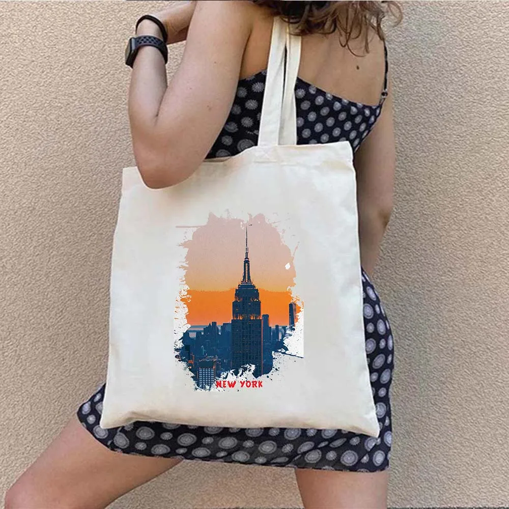 New York United States NYC City Sights Landscape Watercolor Ink Oil Painting Shoulder Canvas Cotton Tote Bag Eco Shopper Handbag