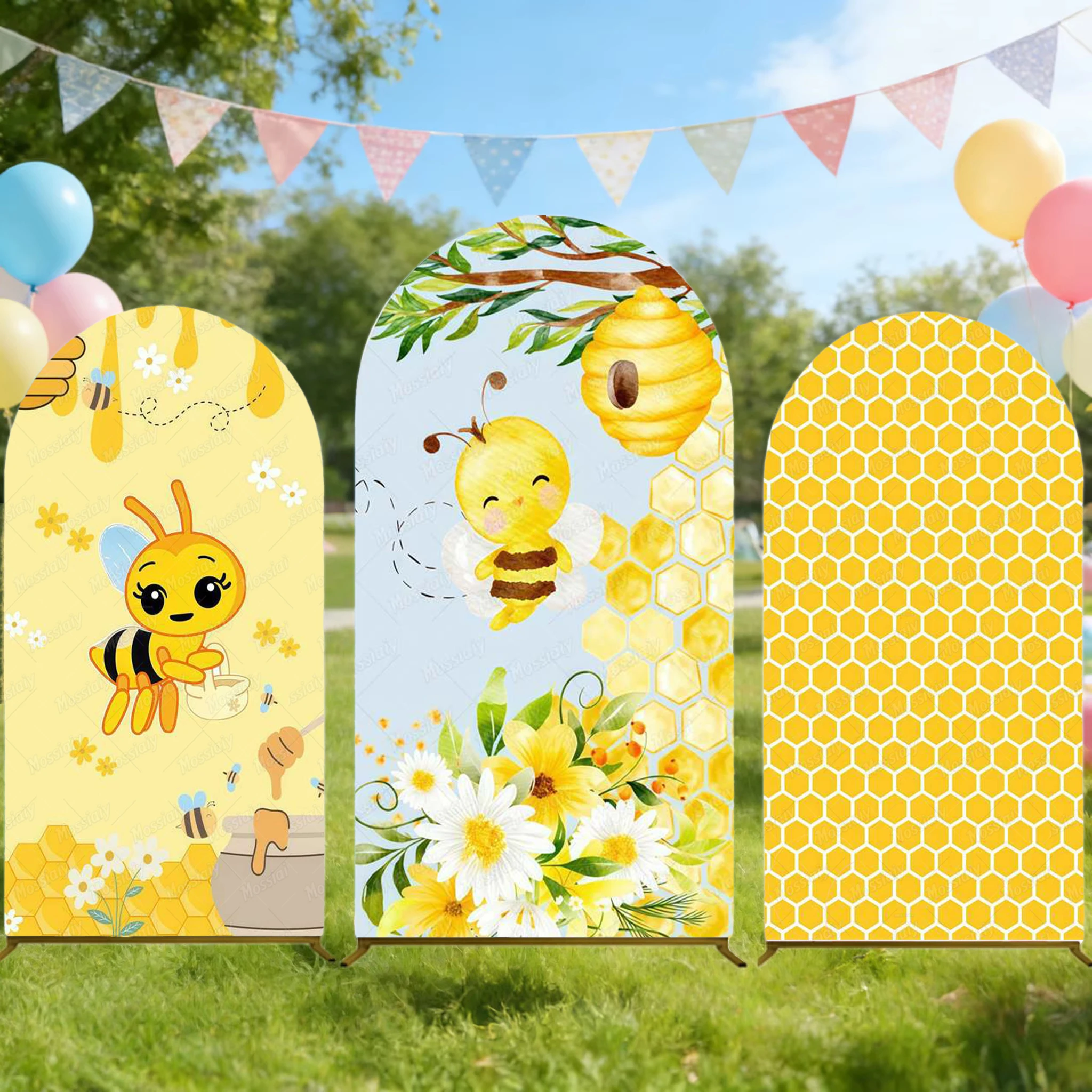 Fondo de arco con temática de abejas, cubierta elástica, decoración para fiestas de cumpleaños infantiles, decoración para baby shower, accesorios de fondo para fiestas.