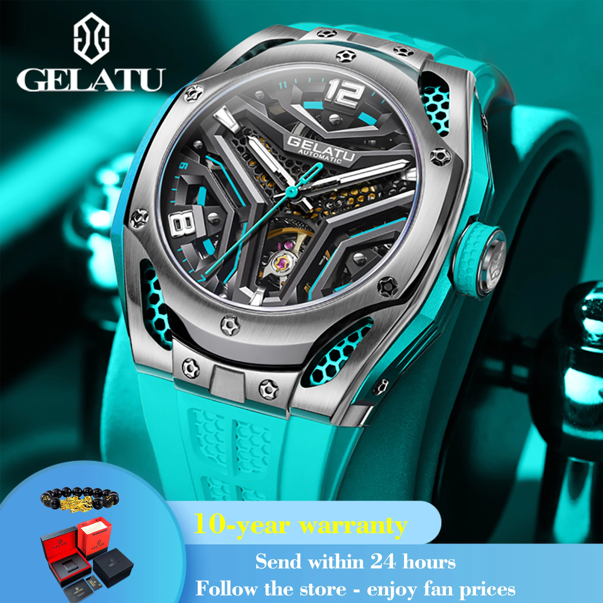 GELATU 6007 Top Brand Automatic Watch For Men Original Hollow Mechanical Wristwatch Big Dial Sapphire Mirror Waterproof Watches