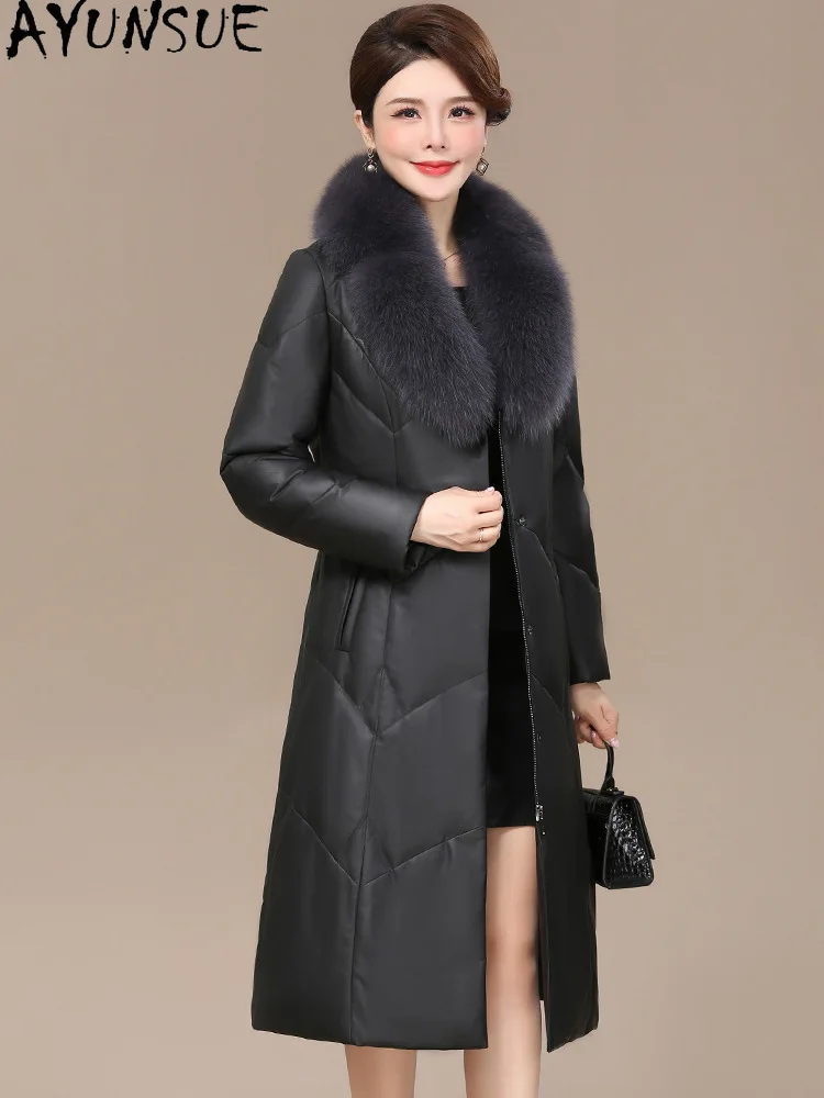 AYUNSUE Rea Schaffell Echtes Leder Unten Jacke Frauen Winter Kleidung 2025, Fuchs Pelz Kragen Weiße Ente Unten Mäntel Jaqueta Couro