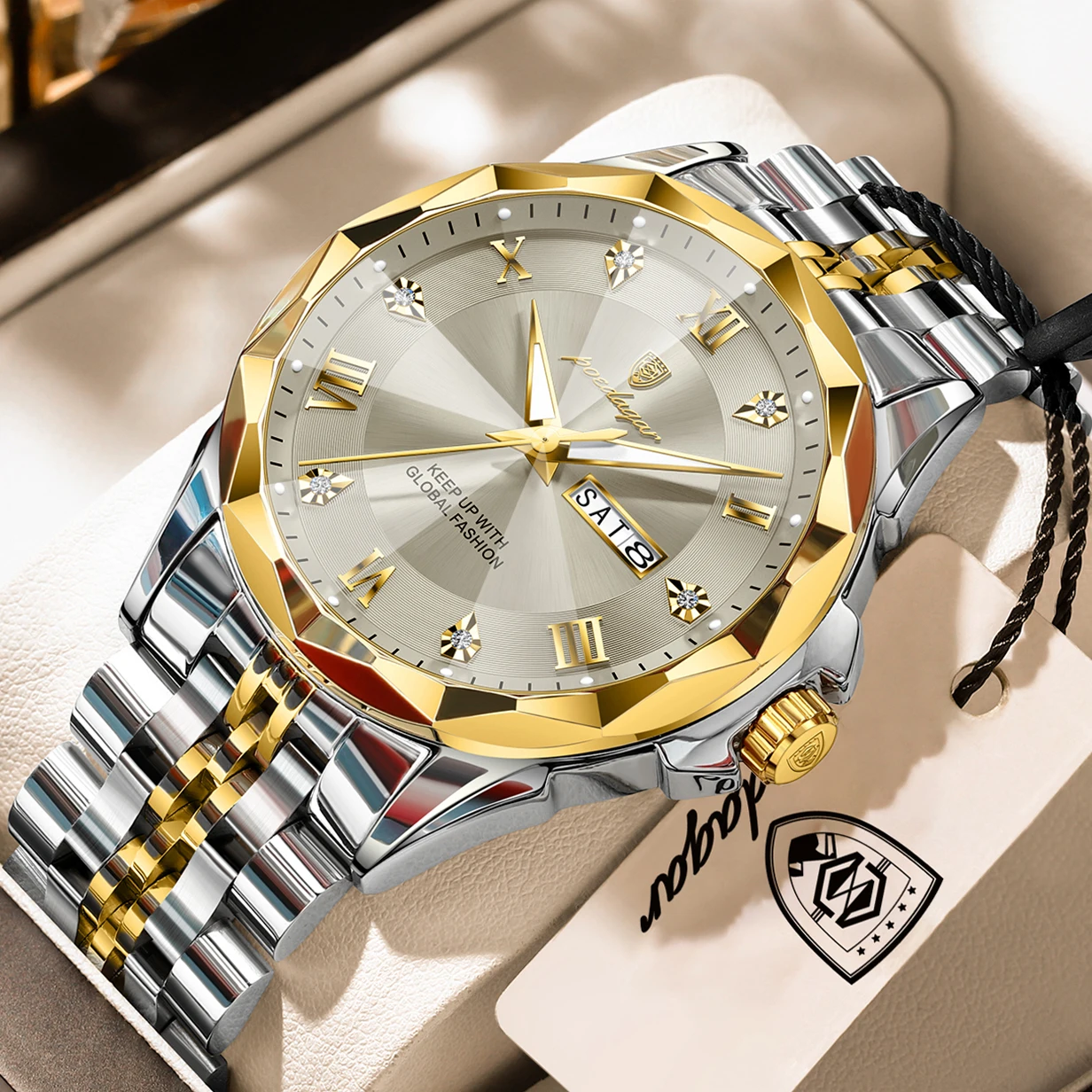 POEDAGAR Fashion Men's Watch Date Week Waterproof Luminous Male Wristwatch Stainless Steel Quartz Business Watches For Men Reloj