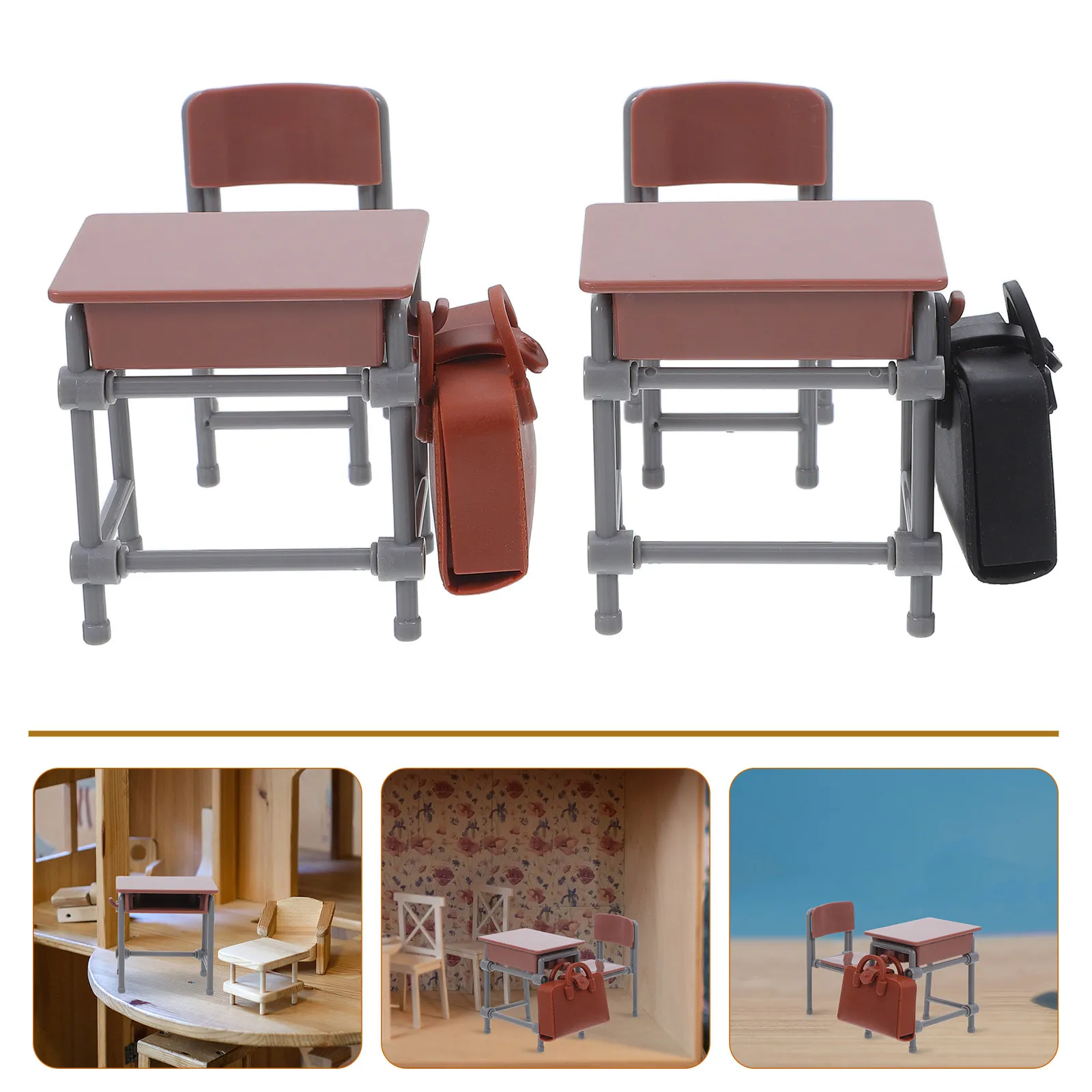 

1Set Miniature School Desk Chair Backpack Handcraft Small Study Furniture Classroom Scene Dollhouse Decoration