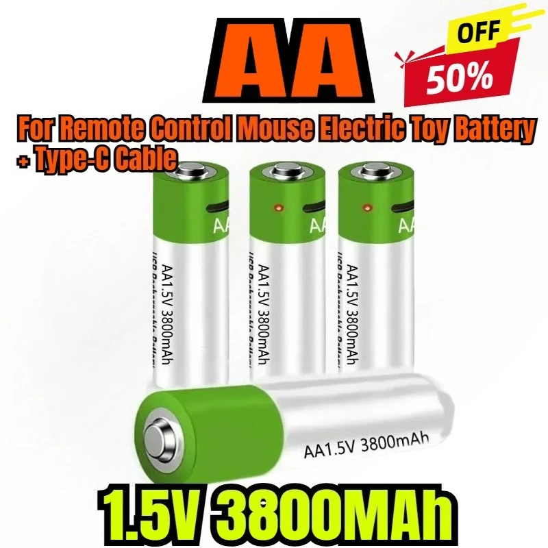 

New USB 1.5V AA Rechargeable Battery 3800 MAh Li-ion Battery for Remote Control Mouse Electric Toy Battery + Type-C Cable
