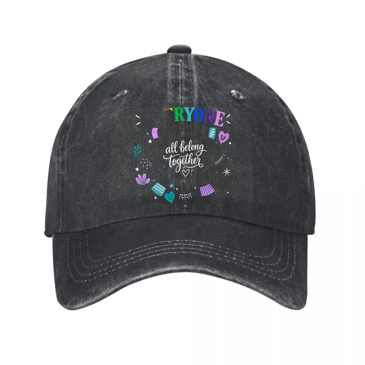 Casquette de baseball unisexe lavée avec message Cœur d'unité arc-en-ciel inclusif pour femme et homme, style Dad Hat, pour l'extérieur