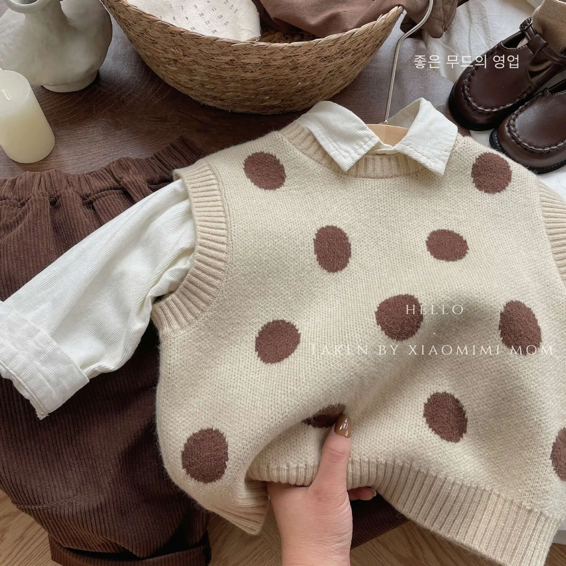 

Korean Autumn Kid Babys Boy Knitwear Retro Dot Printed Infant Boy Sleeveless Pullovers Loose Round Collar Toddler Boys Waistcoat
