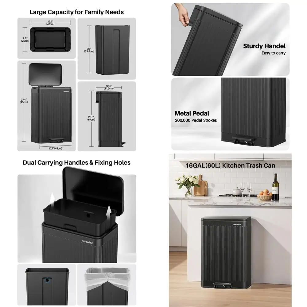 60 Liter / 16 Gallon Stainless Steel Trash Can with Step-On Lid, Large Footprint Garbage Bin with Textured Surface, Removable In