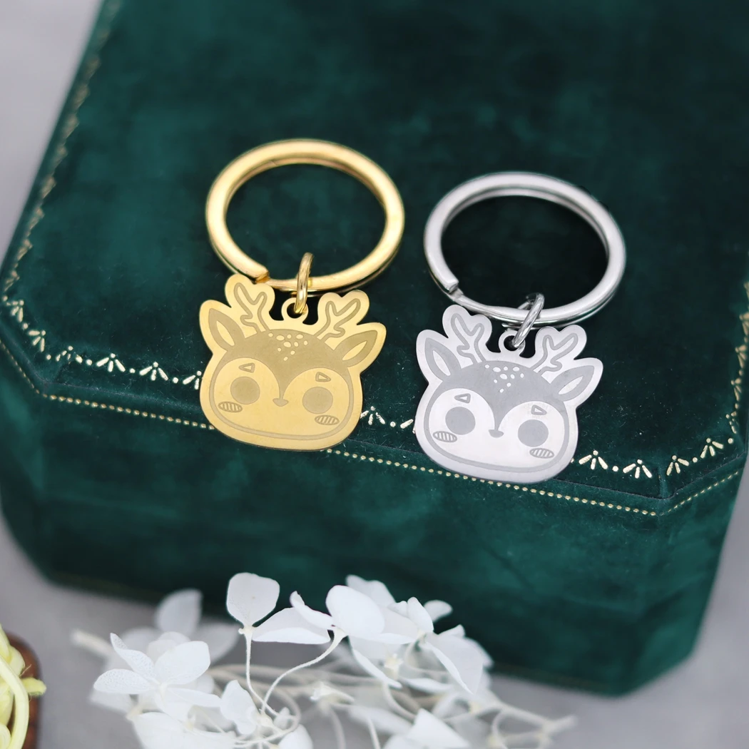 QIMING Custom Name Keychains Women Charming Kawaii Chibi Deer Face Key Ring Stainless Steel Jewelry Animal Keyring Men Gift