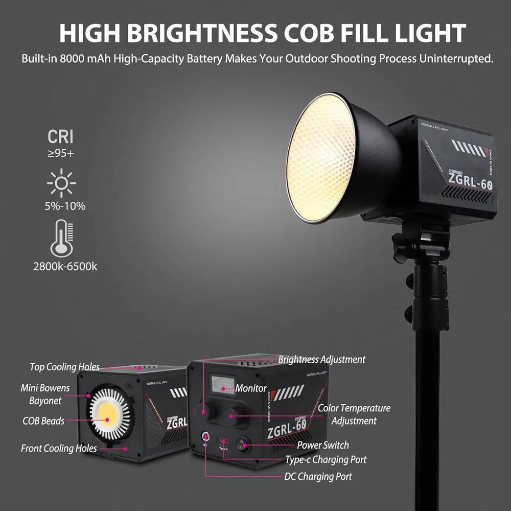 60W COB LED Video Light Handheld Portable with 8000 mAh Battery Dual-Color Photography Lighting Spotlight or Studio, Streaming,