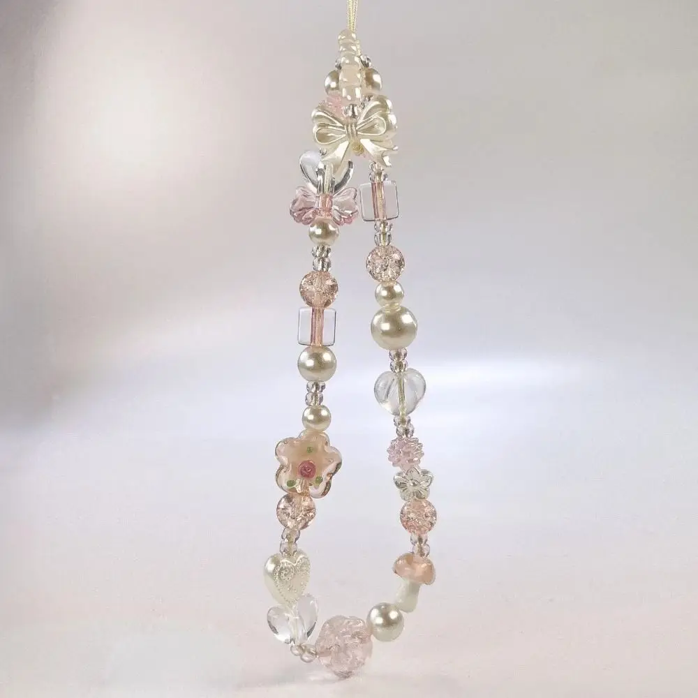 

Модный ремешок для телефона с бусинами и стеклянными цветами, короткий корейский ремешок-цепочка Y2K для телефона, подарок для девочек