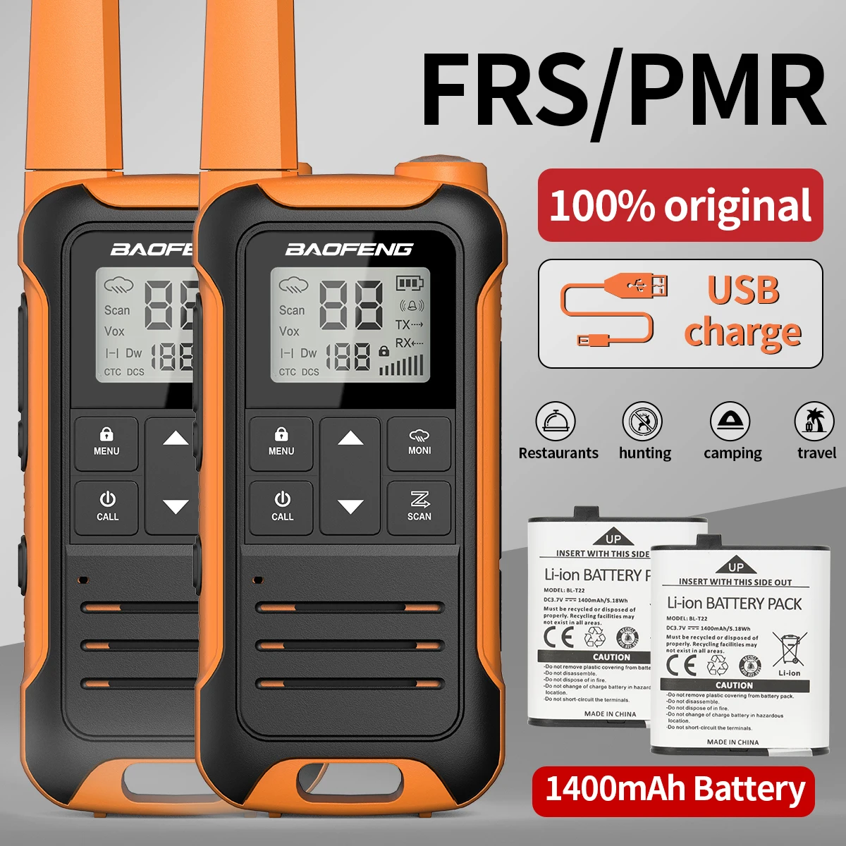 Baofeng-F22 Walkie Talkie, PMR, FRS, Long Range, Mini recarregável, carregador tipo C, rádio portátil em dois sentidos para caminhadas, 2pcs