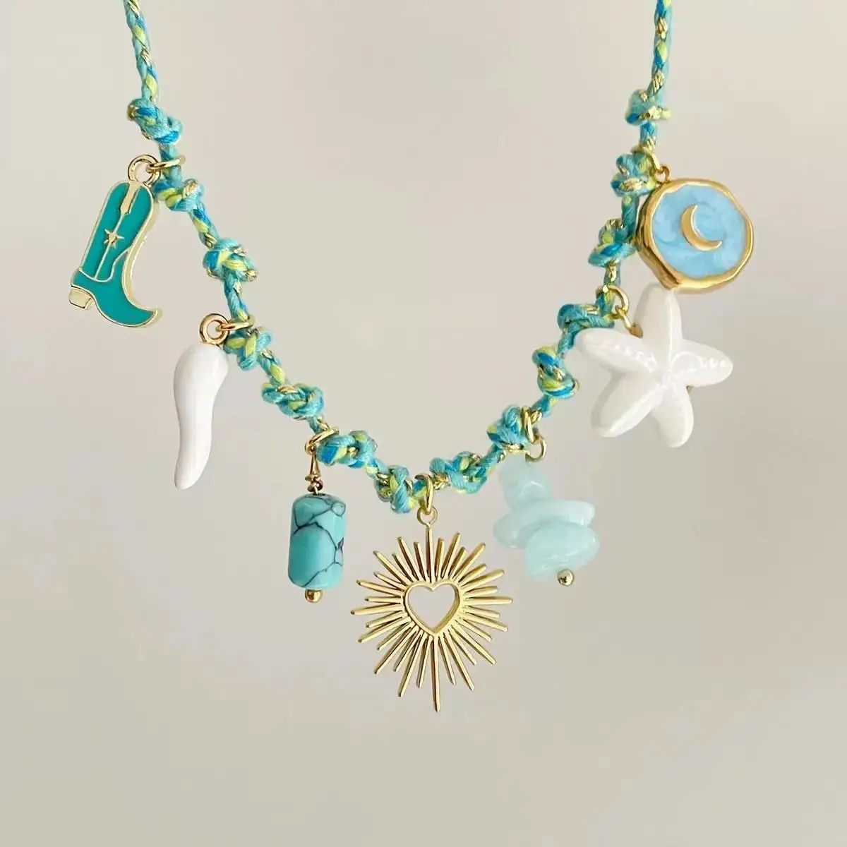 

2025 New ocean-style necklace shell starfish bracelet set vacation colorful rope necklace for women