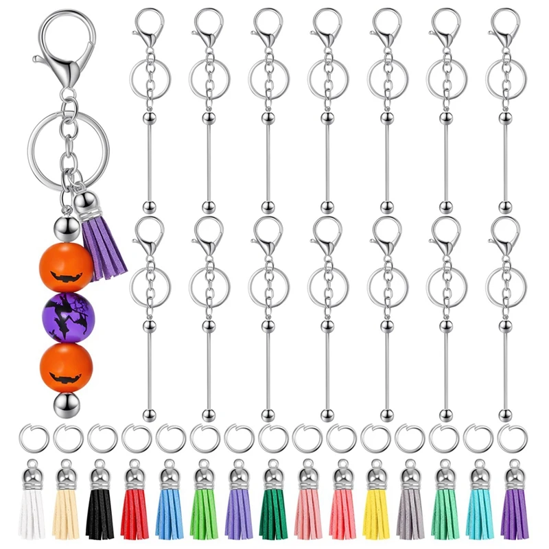 

15 Pcs Beadable Keychain Bar Bulk Metal Blank Keychain With 15 Pcs Leather Tassel For DIY Bead Keychain Supplies Durable