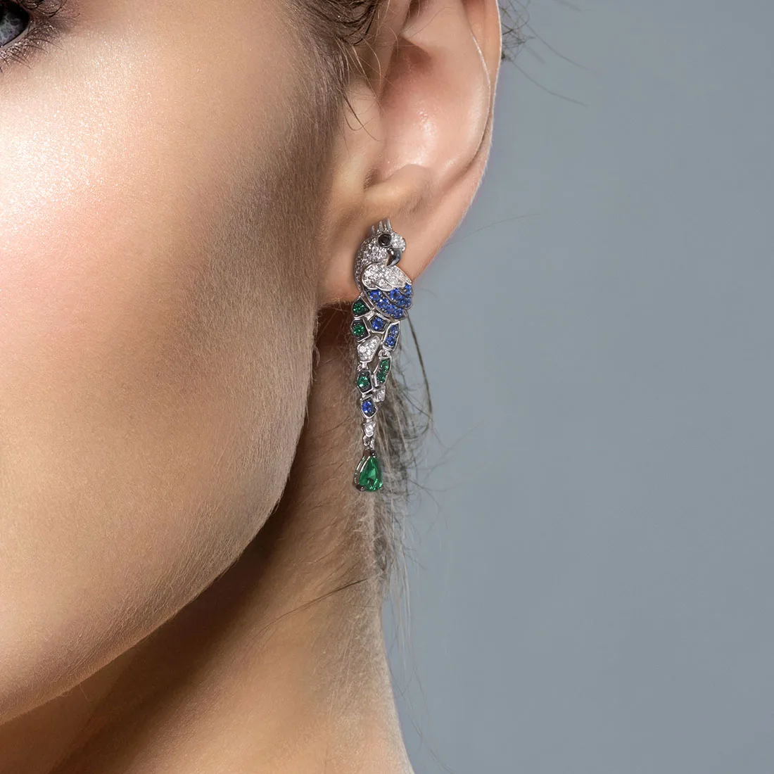 SANTUZZA Genuine 925 Sterling Silver Drop Earrings For Women Exquisite Parrot Birds Sparkling Blue Green CZ Trendy Fine Jewelry