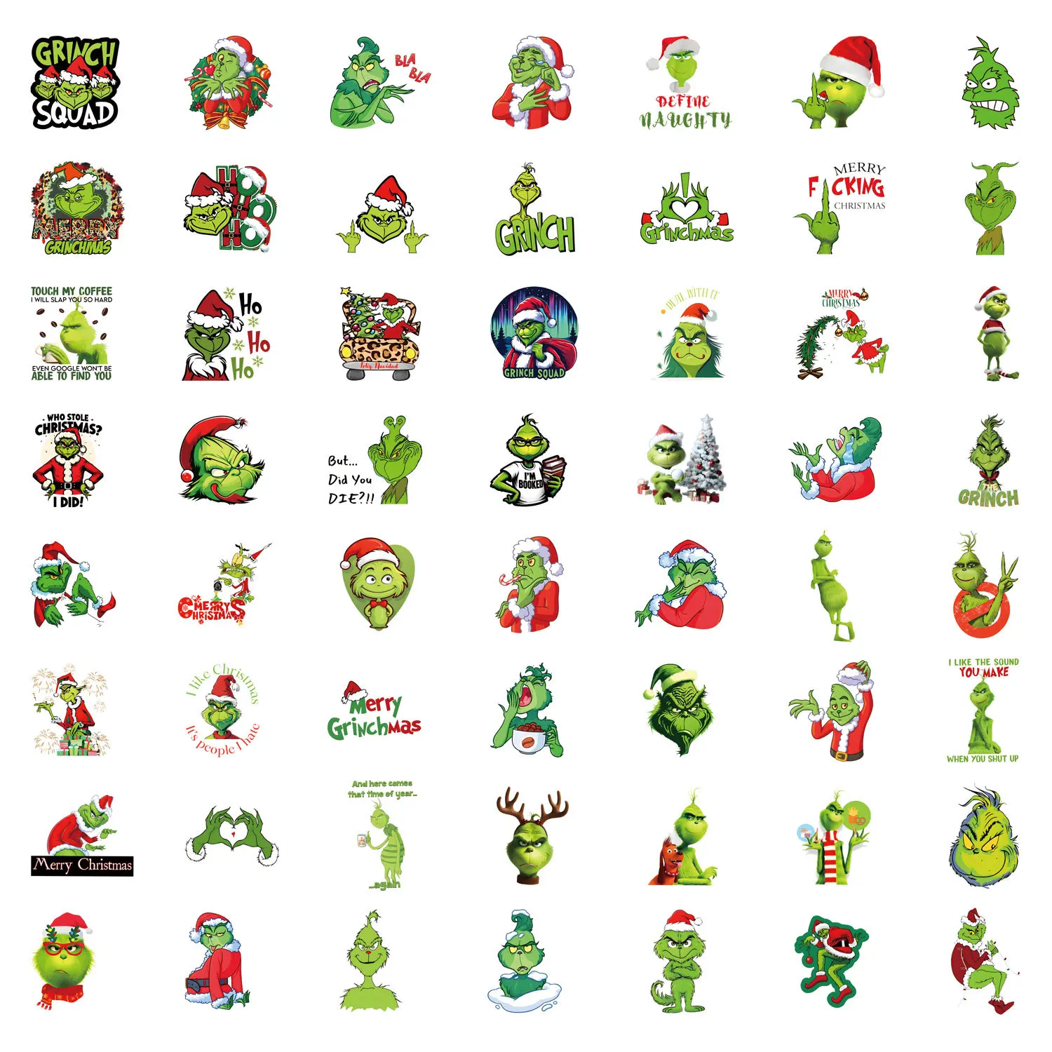 50-55PCS Grüne Figuren Grinch Weihnachten Graffiti Aufkleber Handy Auto Roller Laptop Kühlschrank Dekoration Aufkleber Spielzeug