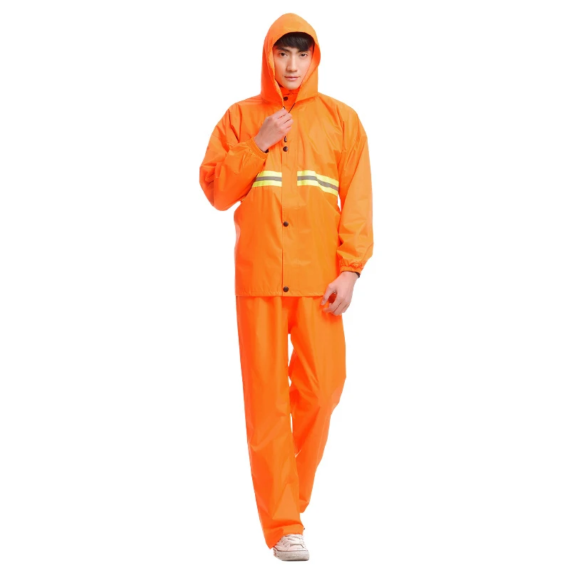 Hi Vis Rain Suit Waterproof 2 Piece Safety Orange Hooded Jacket and Pants Reflective Work Rain Gear Men