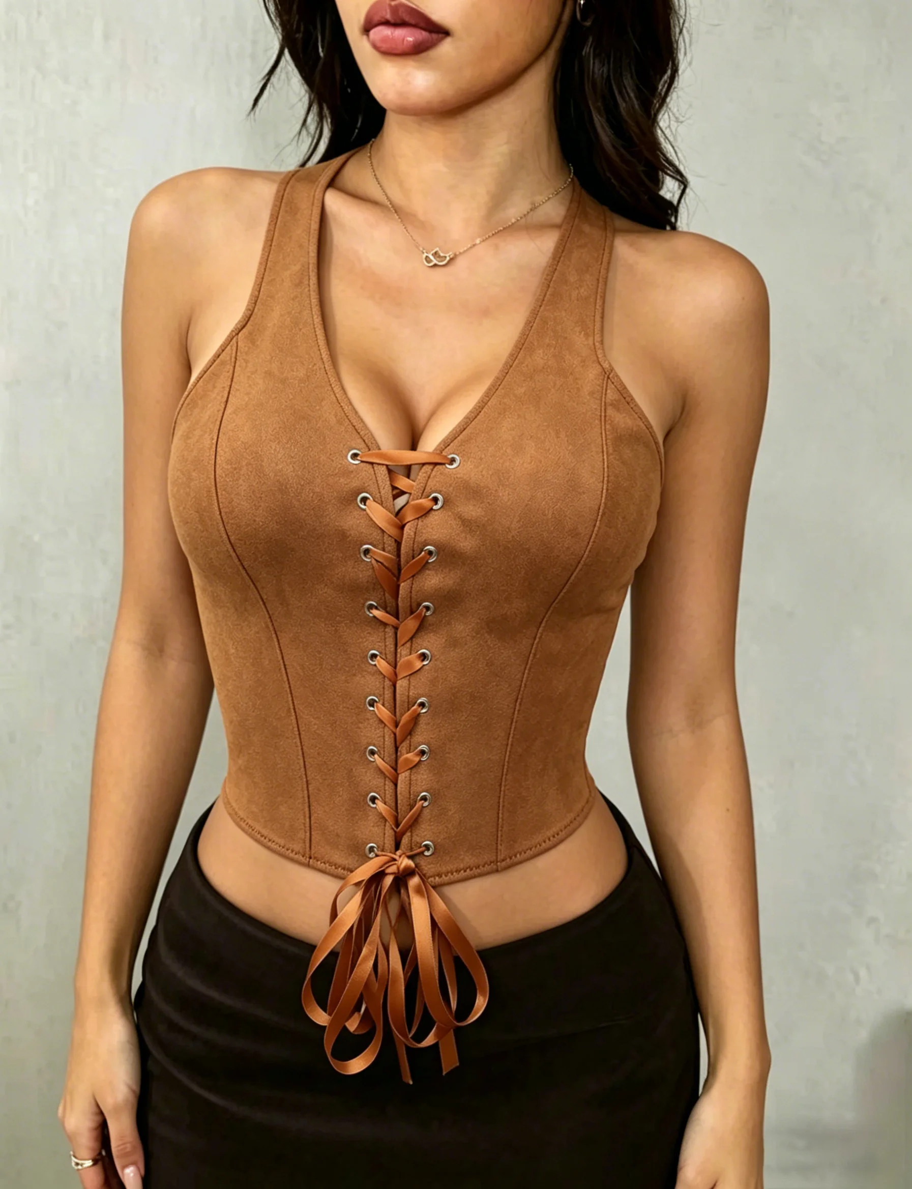 Women Halter Neck Bustier Corset Top Brown Front Ribbon Lace‑Up Boned Waist Cincher Vintage Cowgirl Y2K Party Festival Outfit