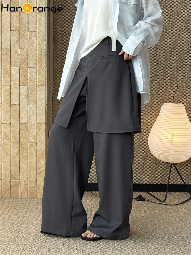 HanOrange 2026 Summer Stackable Non Detachable Butt Curtain Straight Pants Women Smooth Layered Trousers Black/Apricot/Dark Gray