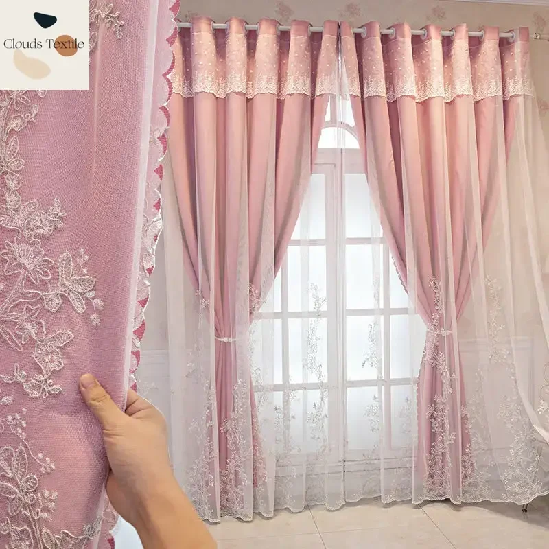 

Embroidery Double-layer Curtains for Living Dining Room Bedroom Pink Lace Yarn Blackout Princess Modern Curtains Customize
