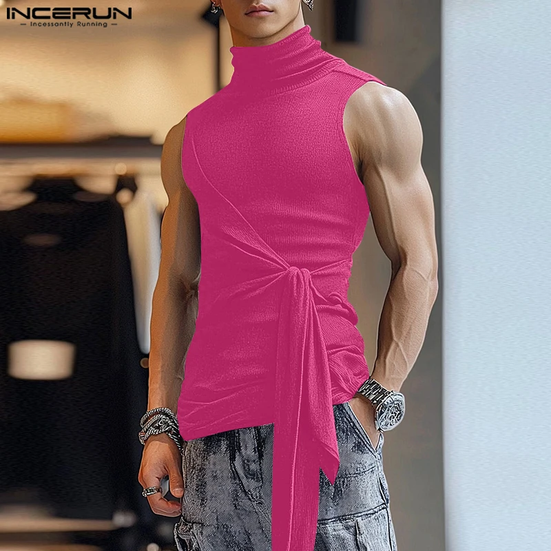 INCERUN Tops 2024 Korean Style Stylish Men's Knitted High Neck Twisted Design Vests Casual City Walk Solid Sleeveless Tank Tops