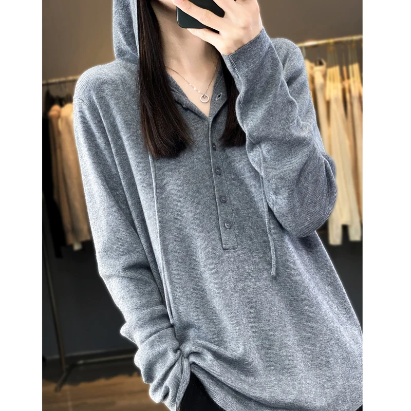 

Autumn Winter New Woolen Sweater Women's Long Sleeve Pullover With Fine Lmitation Wool Loose Solid Hooded Knitted Half Cardigan