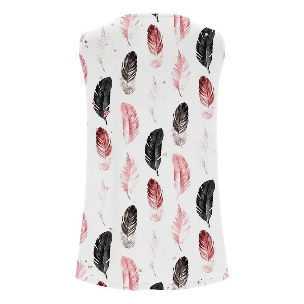 Tops de cuello redondo para mujer, Tops elegantes sin mangas de verano, camisetas sin mangas para mujer, estampado de corazón de plumas florales, dobladillo plisado suelto para A